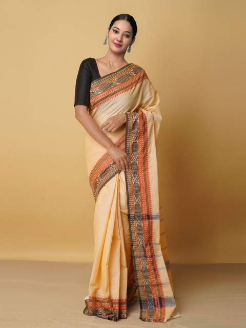 

Unnati Silks Cream-Coloured & Orange Pure Cotton Handloom Kanjeevaram Saree