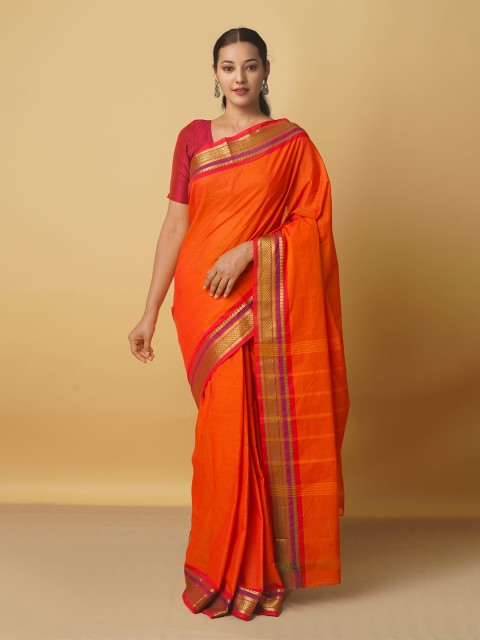

Unnati Silks Women Orange & Red Zari Pure Cotton Kanjeevaram Saree
