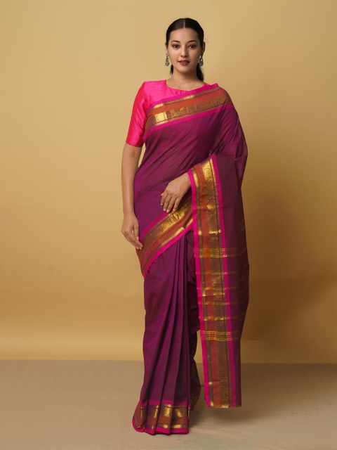 

Unnati Silks Purple & Gold-Toned Zari Pure Cotton Handloom Kanjeevaram Saree