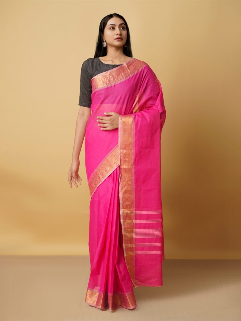 

Unnati Silks Pink & Gold-Toned Zari Pure Cotton Handloom Kanjeevaram Saree