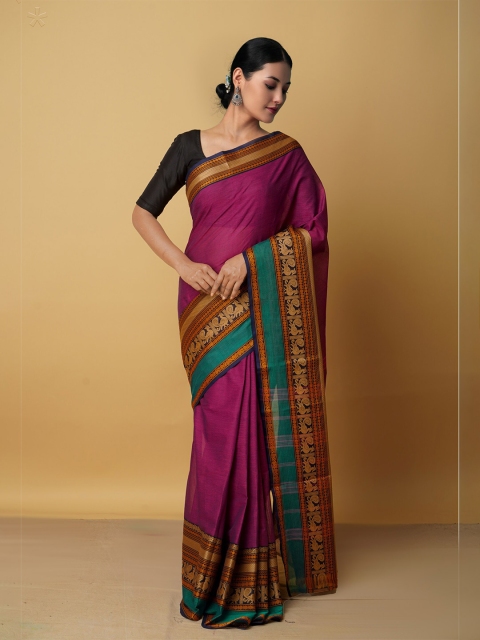 

Unnati Silks Purple & Green Zari Pure Cotton Handloom Kanjeevaram Saree