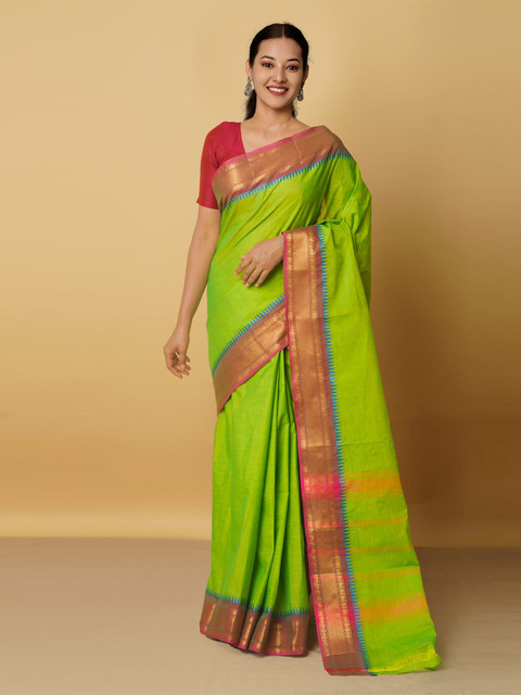 

Unnati Silks Green & Mauve Zari Pure Cotton Handloom Kanjeevaram Saree