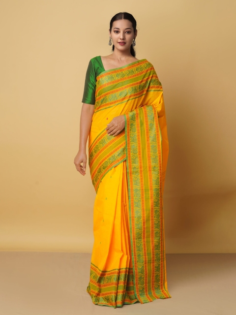 

Unnati Silks Yellow & Red Woven Design Zari Pure Cotton Kanjeevaram Saree