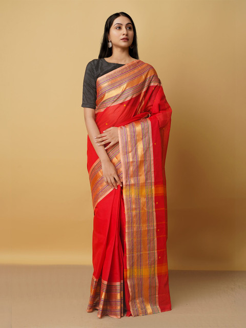 

Unnati Silks Red & Purple Ethnic Motifs Zari Pure Cotton Handloom Kanjeevaram Saree