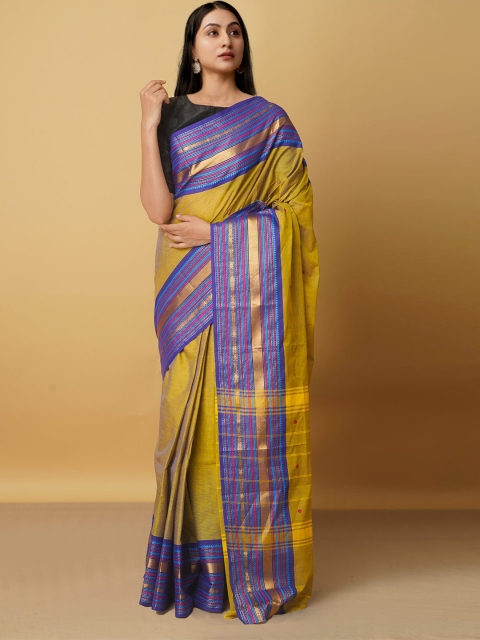 

Unnati Silks Green & Violet Woven Design Zari Pure Cotton Kanjeevaram Saree