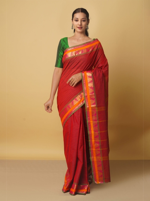

Unnati Silks Maroon & Pink Woven Design Zari Pure Cotton Kanjeevaram Saree