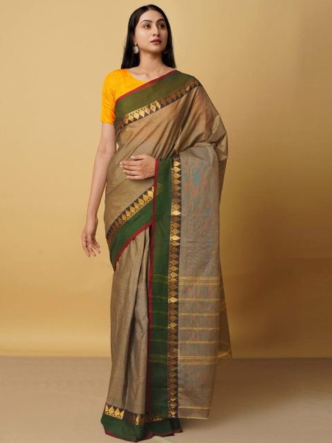 

Unnati Silks Brown & Green Zari Pure Cotton Handloom Kanjeevaram Saree