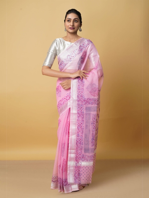 

Unnati Silks Pink & Purple Block Printed Zari Pure Cotton Kota Saree