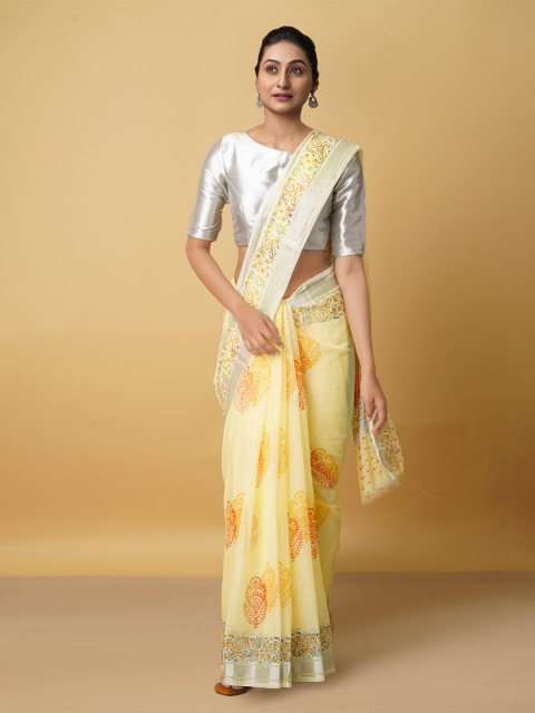 

Unnati Silks Yellow & Silver-Toned Block Printed Zari Pure Cotton Handloom Kota Saree