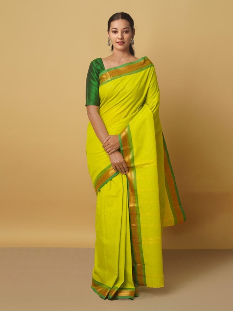 

Unnati Silks Lime Green & Gold-Toned Zari Pure Cotton Handloom Kanjeevaram Saree