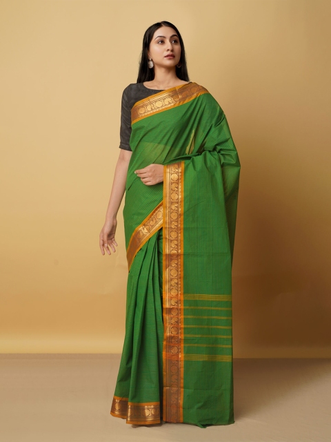 

Unnati Silks Green & Gold-Toned Zari Pure Cotton Handloom Kanjeevaram Saree