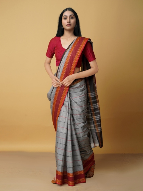 

Unnati Silks Grey & Red Striped Pure Cotton Handloom Kanjeevaram Saree