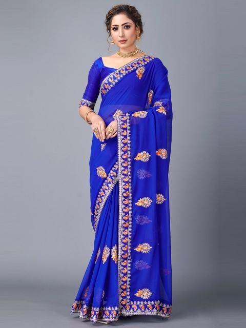 

Fashion FRICKS Blue & White Paisley Embroidered Pure Georgette Saree