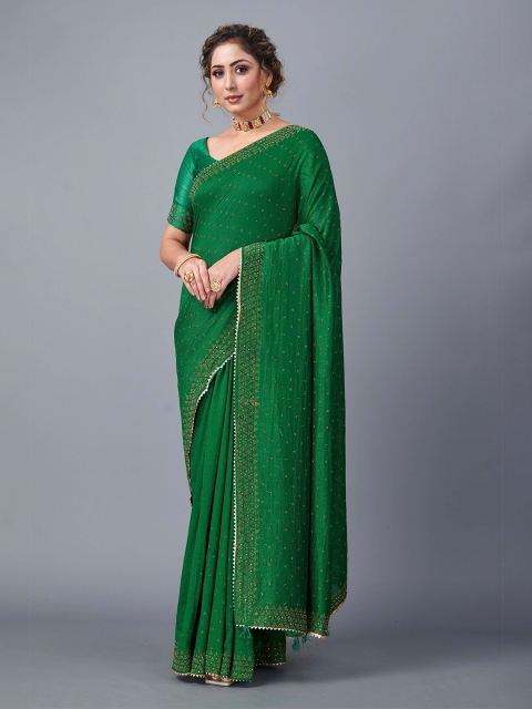 

Fashion FRICKS Green & Gold-Toned Embellished Beads and Stones Silk Blend Saree