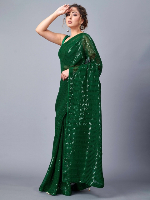 

Fashion FRICKS Green Embellished Sequinned Silk Blend Fusion Saree