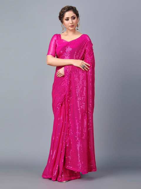 

Fashion FRICKS Pink Embellished Sequinned Silk Blend Saree