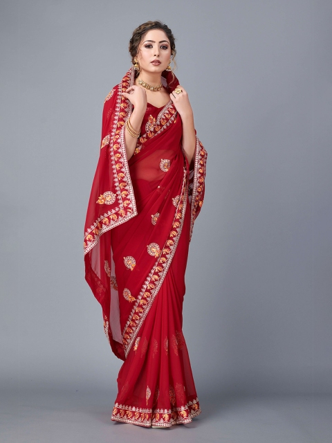 

Fashion FRICKS Maroon & Yellow Ethnic Motifs Embroidered Pure Georgette Saree