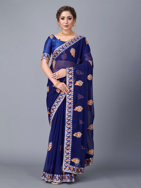 

Fashion FRICKS Navy Blue & Orange Ethnic Motifs Embroidered Pure Georgette Saree