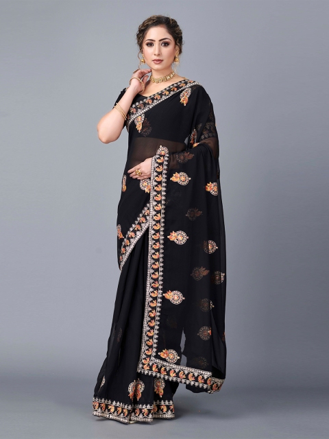 

Fashion FRICKS Black & Orange Ethnic Motifs Embroidered Pure Georgette Saree