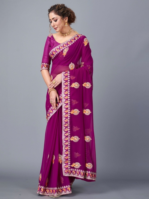 

Fashion FRICKS Purple & Orange Floral Embroidered Pure Georgette Saree