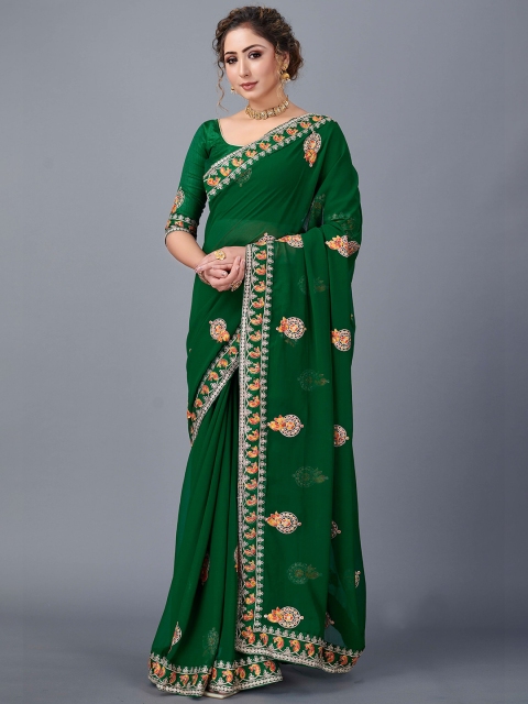 

Fashion FRICKS Green & Yellow Floral Embroidered Pure Georgette Saree