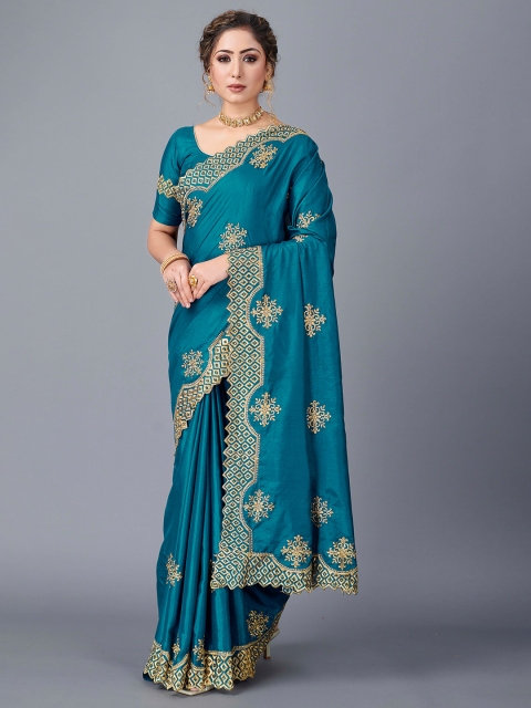 

Fashion FRICKS Turquoise Blue & Gold-Toned Floral Pure Silk Saree