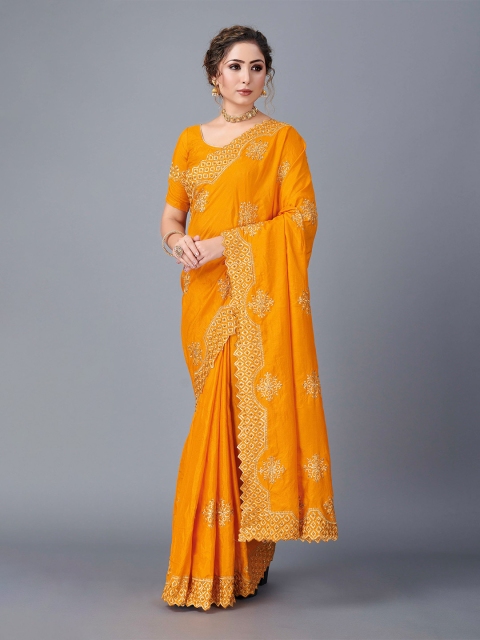 

Fashion FRICKS Yellow Floral Embroidered Pure Silk Saree