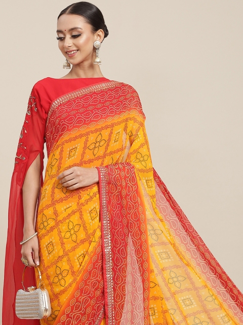 

Chhabra 555 Mustard Yellow & Red Bandhani Print Saree