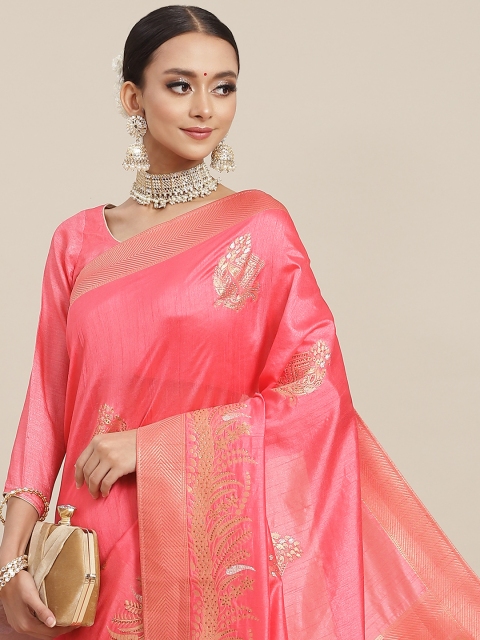 

Chhabra 555 Coral Pink & Golden Woven Design Chanderi Saree