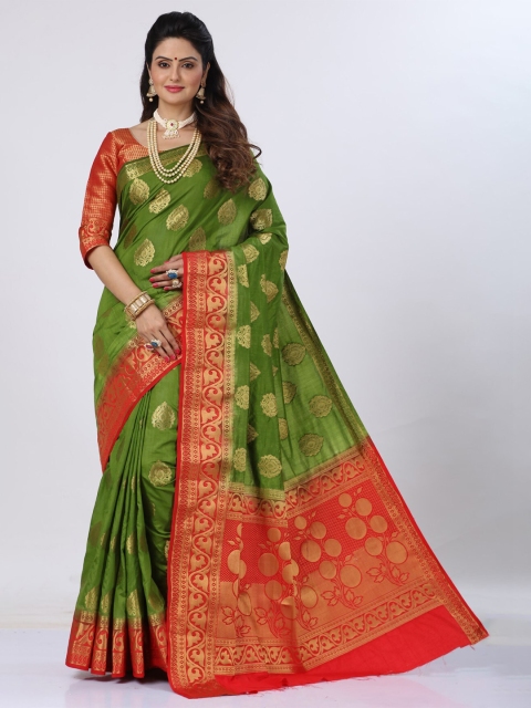 

MS RETAIL Green & Red Ethnic Motifs Zari Silk Blend Fusion Kanjeevaram Saree