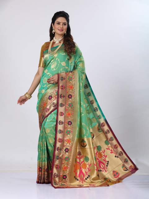 

MS RETAIL Sea Green & Gold-Toned Woven Design Zari Silk Blend Banarasi Saree