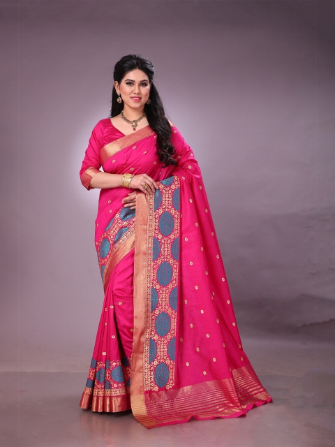 

MS RETAIL Pink & Blue Ethnic Motifs Zari Silk Blend Kanjeevaram Saree