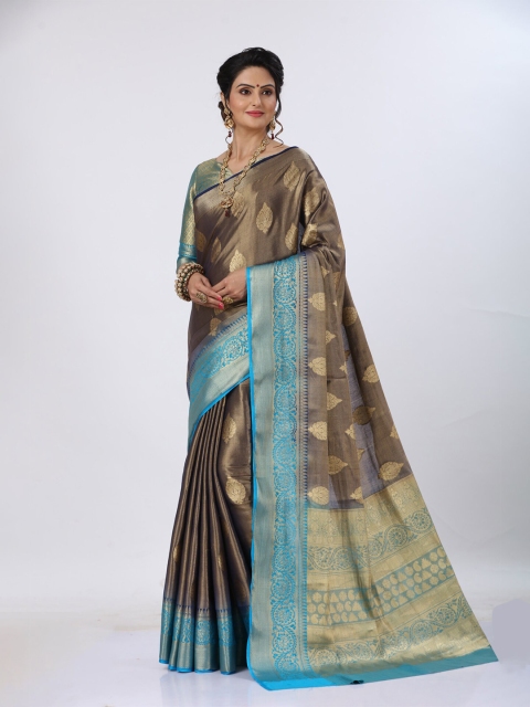 

MS RETAIL Navy Blue & Blue Floral Zari Silk Blend Banarasi Saree