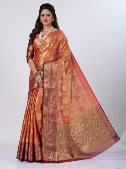 

MS RETAIL Peach-Coloured & Red Ethnic Motifs Zari Banarasi Saree