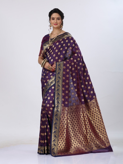 

MS RETAIL Purple & Navy Blue Ethnic Motifs Zari Kanjeevaram Saree