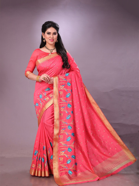 

MS RETAIL Coral & Blue Floral Embroidered Kanjeevaram Saree