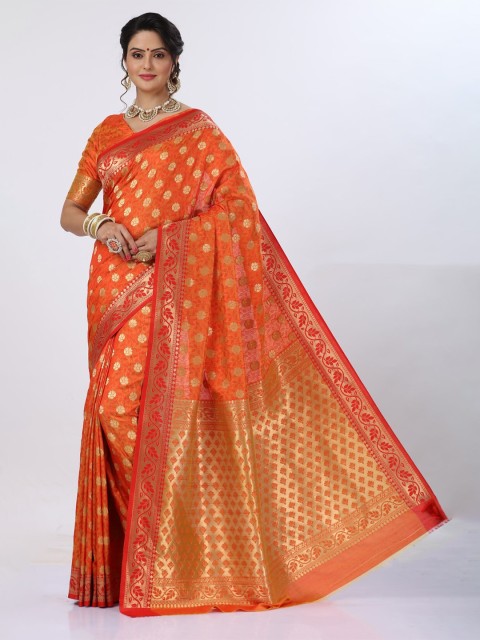 

MS RETAIL Orange & Red Ethnic Motifs Zari Silk Blend Fusion Banarasi Saree