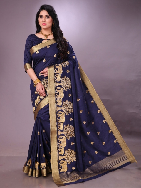 

MS RETAIL Navy Blue & Gold-Toned Ethnic Motifs Zari Silk Blend Kanjeevaram Saree