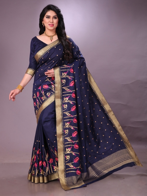

MS RETAIL Navy Blue & Pink Floral Embroidered Kanjeevaram Saree
