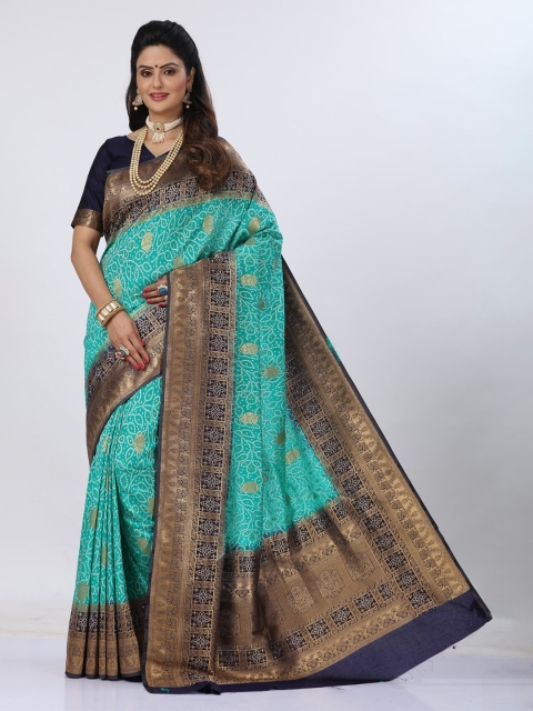 

MS RETAIL Turquoise Blue & Blue Woven Design Zari Silk Blend Fusion Banarasi Saree