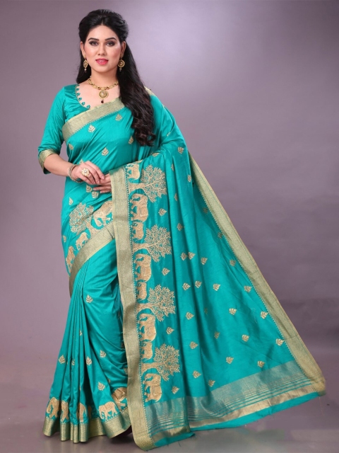 

MS RETAIL Turquoise Blue & Gold-Toned Floral Embroidered Silk Blend Kanjeevaram Saree