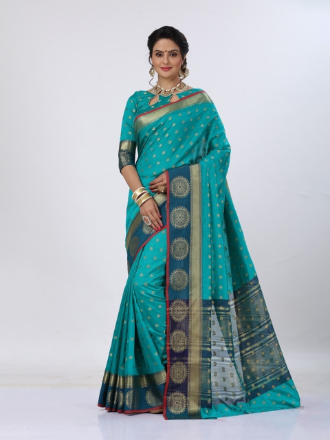 

MS RETAIL Turquoise Blue & Blue Woven Design Zari Silk Blend Fusion Kanjeevaram Saree