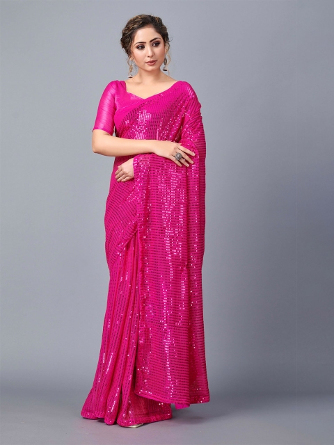 

Fashion FRICKS Pink & Gold-Toned Embellished Sequinned Silk Blend Saree