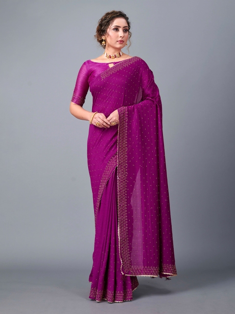 

Fashion FRICKS Purple Embellished Embroidered Silk Blend Saree