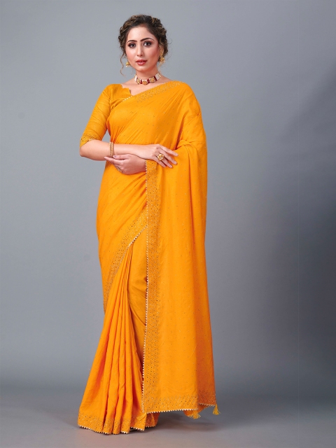 

Fashion FRICKS Yellow & Gold-Toned Embellished Embroidered Silk Blend Saree