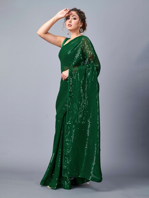 

Fashion FRICKS Green Striped Sequinned Silk Blend Saree
