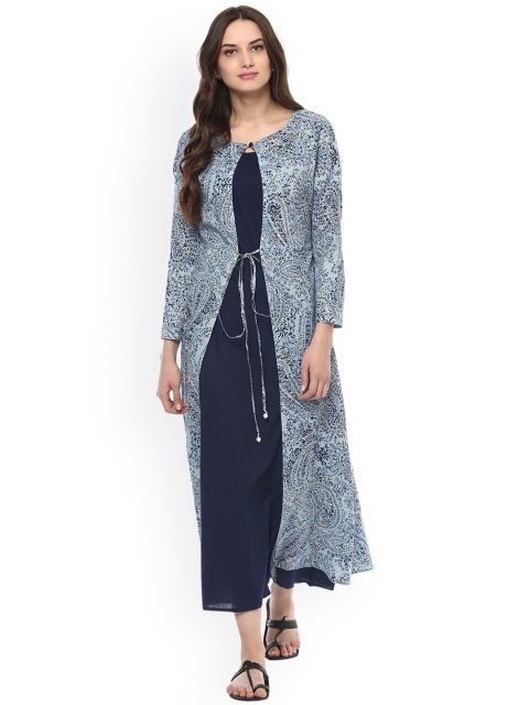 

Jaipur Kurti Women Navy Blue Printed Maxi Dress with Shrug