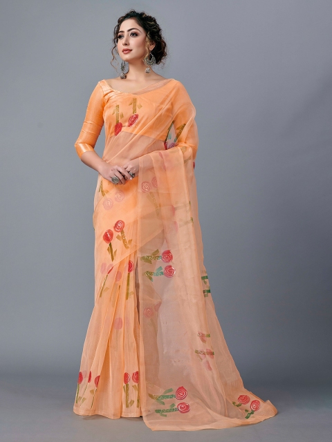 

Fashion FRICKS Peach-Coloured & Red Floral Organza Saree