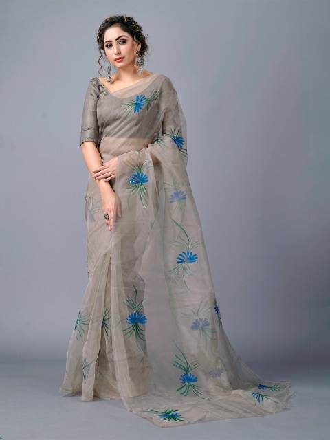 

Fashion FRICKS Grey & Blue Floral Organza Saree