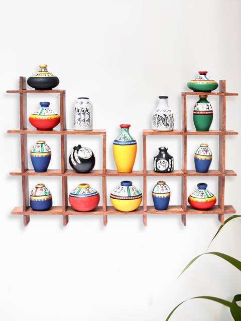 

ExclusiveLane 16 Terracotta Warli Handpainted Pots With Sheesham Wooden Frame Wall Hanging, Multi